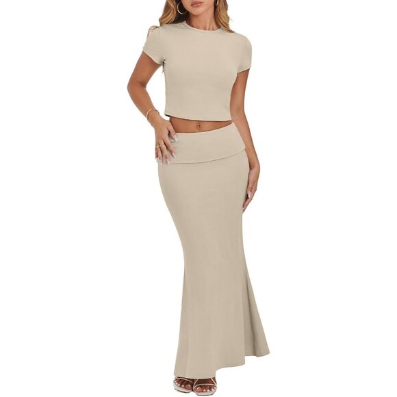 Women's Apricot Two Piece Sets Sleeve Crewneck Cropped Bodycon Outfit Maxi Skirt - Picture 6 of 6